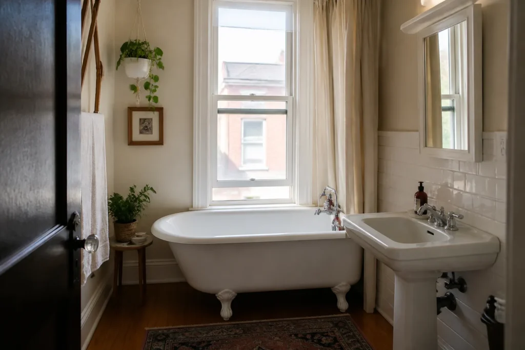 Cast iron bathtub in Chicago bungalow bathroom