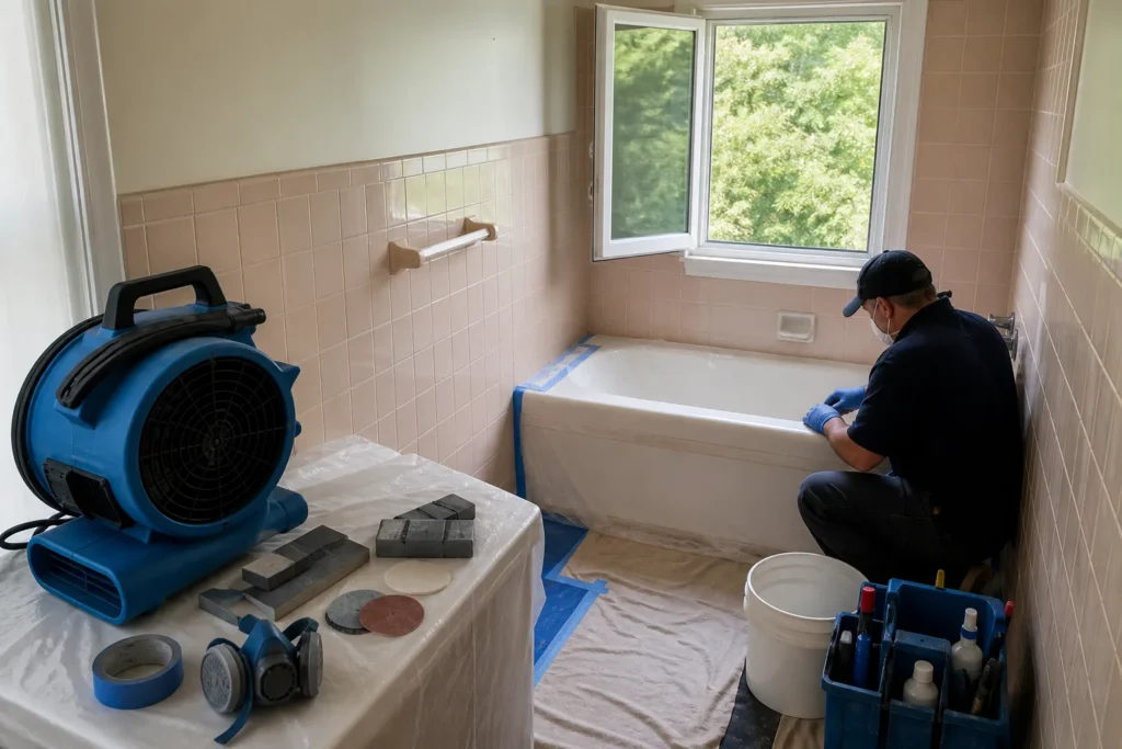 Odorless bathtub refinishing with ventilation
